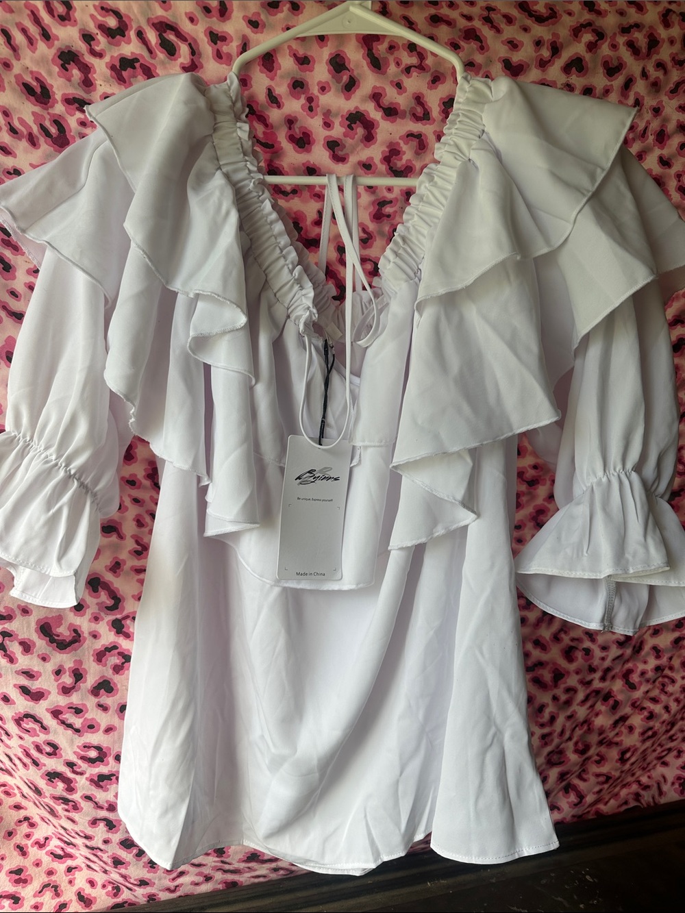 White Ruffled V-Neck Blouse with Statement Sleeves